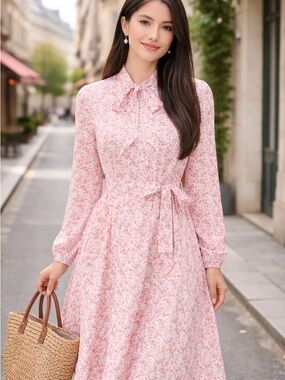 Beautiful Pink Floral Chiffon Dress Tie Neck